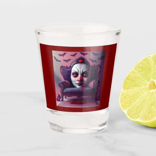 Die Maske starrt durch die Rückseite eines Sessels Schnapsglas (Vorderseite)