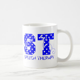 Die meisten Buchstaben sind weiße und blaue Polka- Kaffeetasse