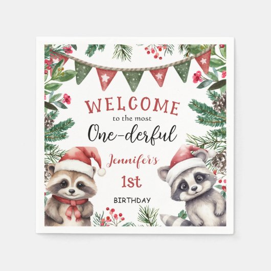 Die meisten ONEderful | Raccoon Christmas 1. Gebur Serviette (Vorderseite)