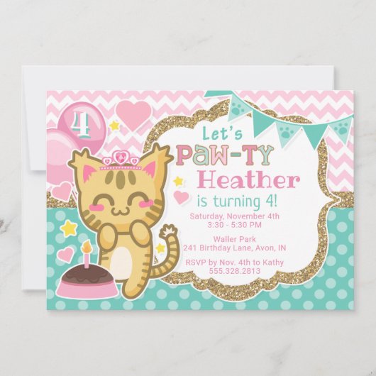 Die Miezekatze-Prinzessin Birthday Tatze-ty Einladung (Vorderseite)