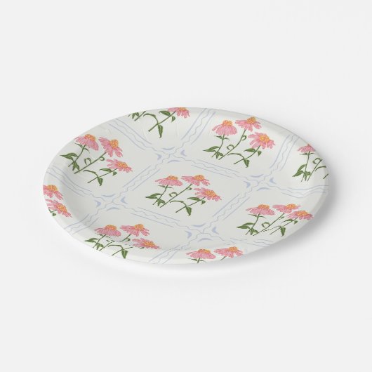 Die Möbel sind rosa, blau und grün. Pappteller (Schrägansicht)