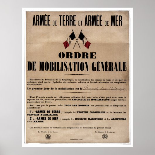 Die Mobilisierung in Frankreich am 1. August 1914 Poster (Vorne)