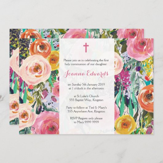 Die moderne Blumenerste personalisierte Kommunion Einladung (Vorne/Hinten)