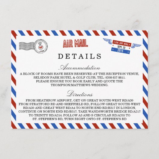 Die moderne Hochzeitskollektion der Luftpost Begleitkarte (Vorderseite)