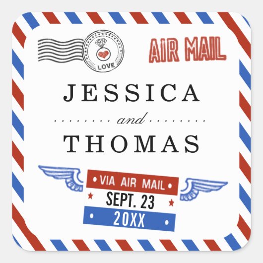 Die moderne Hochzeitskollektion der Luftpost Quadratischer Aufkleber (Vorderseite)