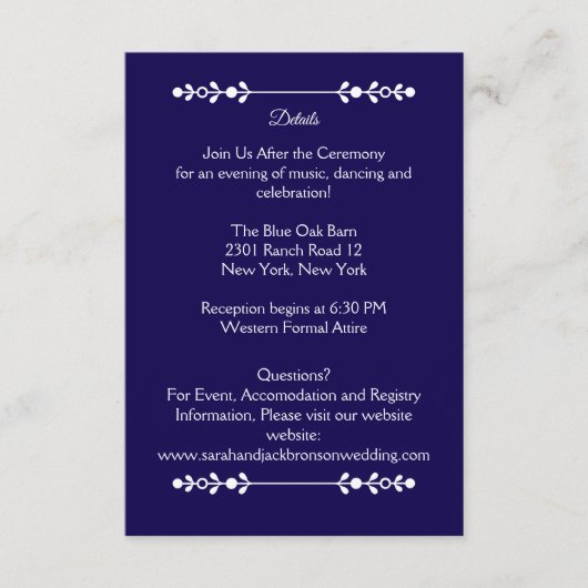 Die moderne Navy & White Wedding Details Card Begleitkarte (Vorderseite)
