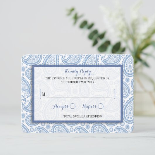 Die moderne Paisley Wedding Collection - Blue RSVP Karte (Stehend Vorderseite)
