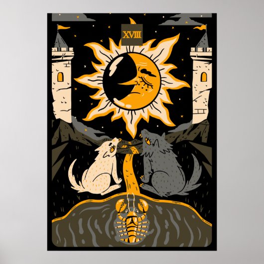 Die Mondkarte Der 18. Tarot-Kartenrücklauf Vintag Poster (Vorne)