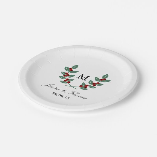 Die Monogram Berry Bush Wedding Collection Pappteller (Schrägansicht)