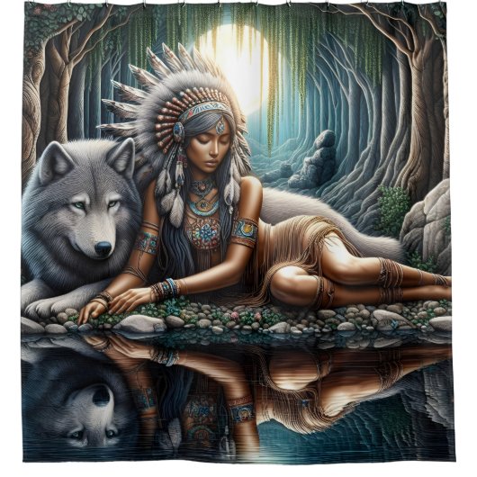 Die Mutterin teilt einen Moment mit dem Wolf Duschvorhang (Vorderseite)