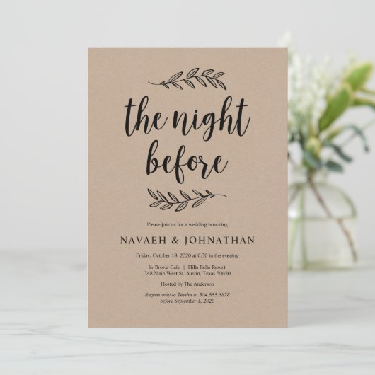 Die Nacht davor, rustikales Hochzeitessen Probe Einladung (Stehend Vorderseite)