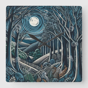 Die Nacht im Wald Quadratische Wanduhr