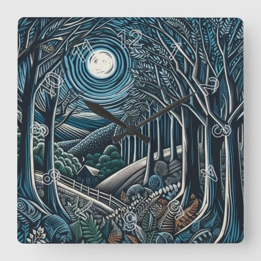 Die Nacht im Wald Quadratische Wanduhr (Vorderseite)