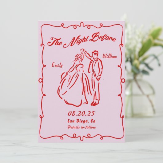 Die Nacht vor dem Abendessen in Rosa Hand zeichnen Einladung (Stehend Vorderseite)