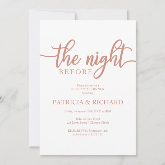 Die Nacht vor dem einfachen Rose Gold Probe Dinner Einladung (Vorderseite)