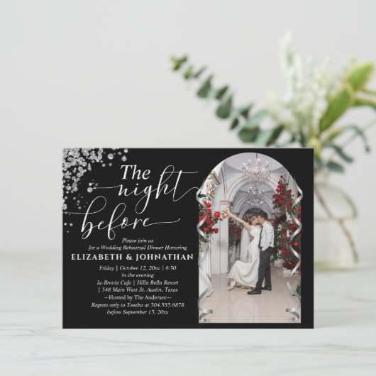 Die Nacht vor dem Foto Hochzeit Probe Dinner Einladung (Stehend Vorderseite)