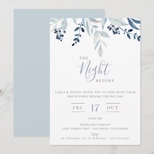 Die Nacht vor der blauen floralen Probe-Dinnerpart Einladung (Vorne/Hinten)