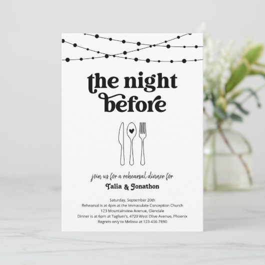 Die Nacht vor der Hochzeit Probe Dinner Einladung (Stehend Vorderseite)