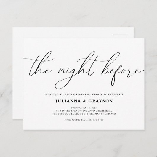Die Nacht vor der Hochzeit Probe Dinner Invitati Postkarte (Vorne/Hinten)