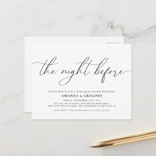 Die Nacht vor der Hochzeit Probe Dinner Postkarte (Vorderseite/Rückseite Beispiel)