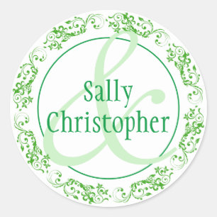 Die Namen von Braut und Bräutigam zusammen. Runder Aufkleber