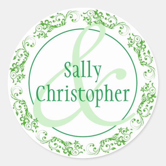 Die Namen von Braut und Bräutigam zusammen. Runder Aufkleber (Vorderseite)