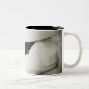 Die Nase des Hundes, die heraus von der Bettwäsch Zweifarbige Tasse