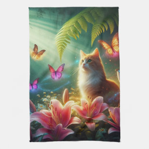 Die neugierige Katze und ihre Schmetterlinge Geschirrtuch