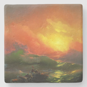 Die Neunte Welle (Stürmische See mit rotem Sonnenu Steinuntersetzer