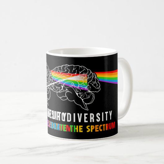 Die Neurovielfalt feiert das Spektrum. Das Gehirn  Kaffeetasse (VorderseiteRechts)