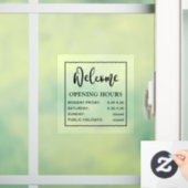 Die Öffnungszeiten sind schwarz und transparent. Fensteraufkleber (Zuhause)