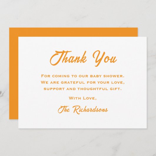 Die orange weiße Babydusche kommt hier zur Sonnen Dankeskarte (Vorne/Hinten)