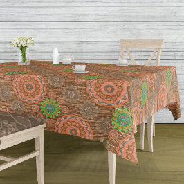 Die Orangen, mit Blumen bestreuten Fäden strukturi Tischdecke