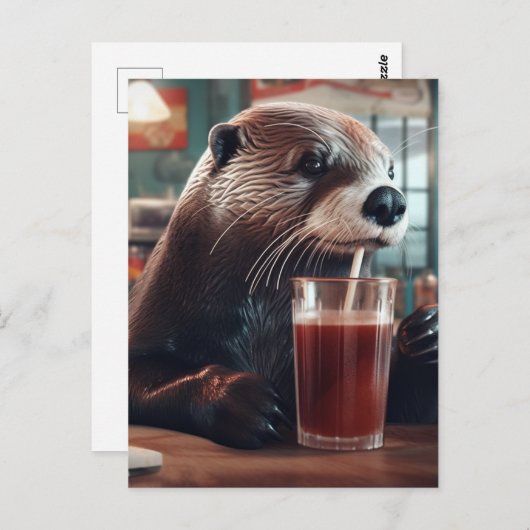 Die Otter trinken eine Limonade im Café Postkarte (Vorne/Hinten)