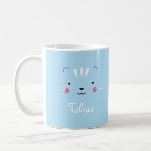 Die paleturquoise Tasse der Katze wird individuell (Links)