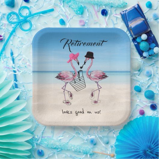 Die Pensionierung steht uns gut! Flamingo am Stran Pappteller (Party)