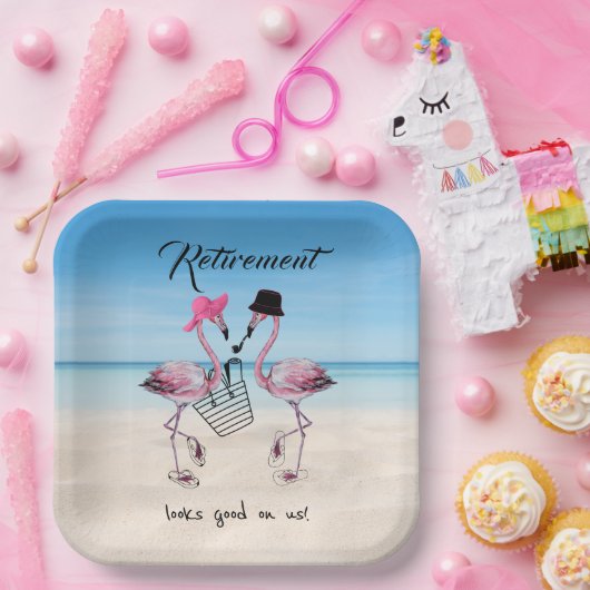 Die Pensionierung steht uns gut! Flamingo am Stran Pappteller (Party)