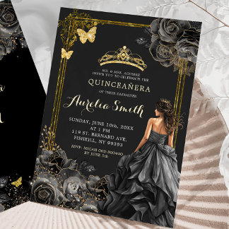 Die Prinzessin Quinceañera aus Gold und Schwarz-Ro Einladung
