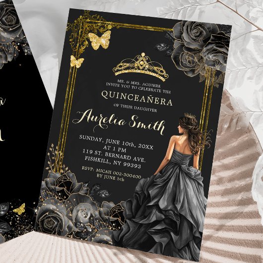 Die Prinzessin Quinceañera aus Gold und Schwarz-Ro Einladung