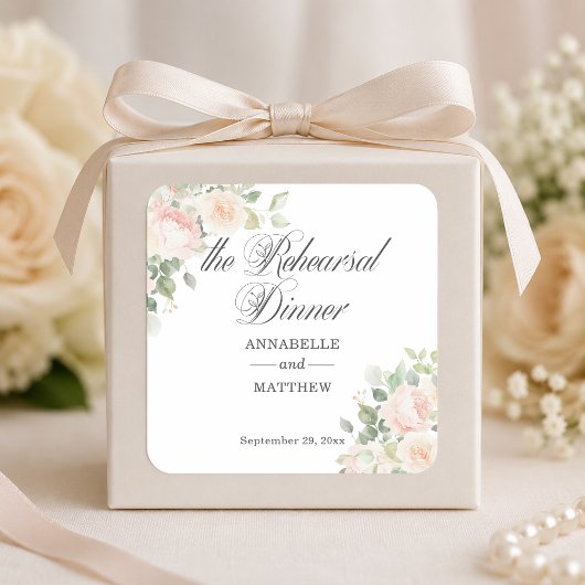 Die Probe Dinner Soft Blush Rosen Hochzeit Quadratischer Aufkleber