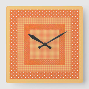 Die quadratische Wall-Uhr, orange Karos und Polka- Wanduhr