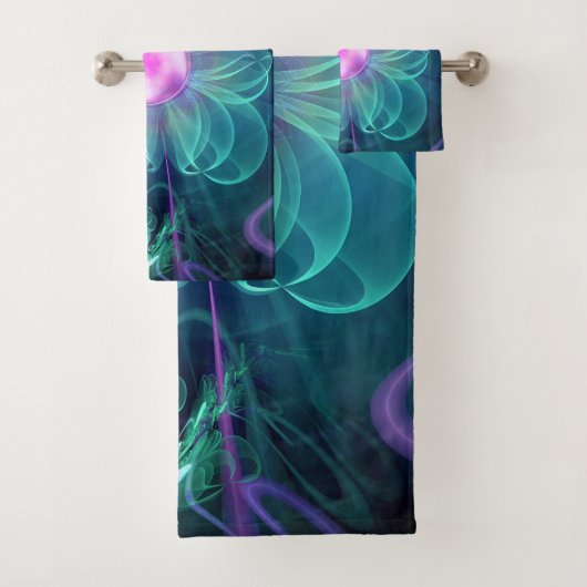 Die Rätsel-Blüte, eine Aqua-Violette Fraktal-Blume Badhandtuch Set (Insitu)