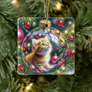Die Reflexion von Kitten in einem Weihnachtsschmuc Keramikornament