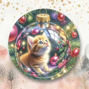 Die Reflexion von Kitten in einem Weihnachtsschmuc Runder Aufkleber