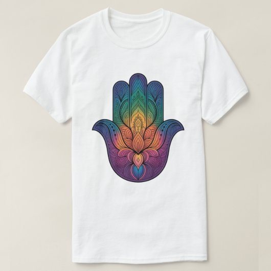die Regenbogen-Hamsa-Hand T-Shirt (Design vorne)