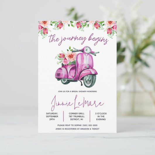 Die Reise beginnt! Scooter, Vespa-Brautparty Einladung (Stehend Vorderseite)