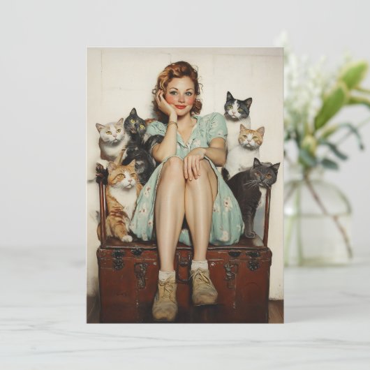 Die Retro Crazy Cat Lady Vibes Einladung (Stehend Vorderseite)