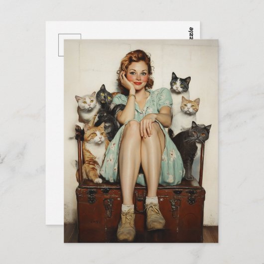 Die Retro Crazy Cat Lady Vibes Postkarte (Vorne/Hinten)