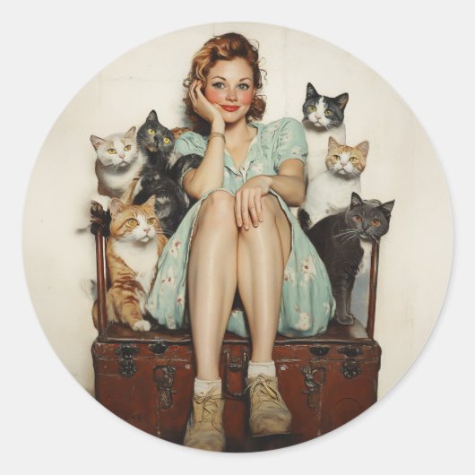 Die Retro Crazy Cat Lady Vibes Runder Aufkleber (Vorderseite)