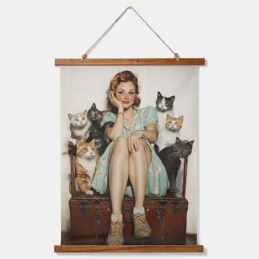 Die Retro Crazy Cat Lady Vibes Wandteppich Mit Holzrahmen (Vorderseite)